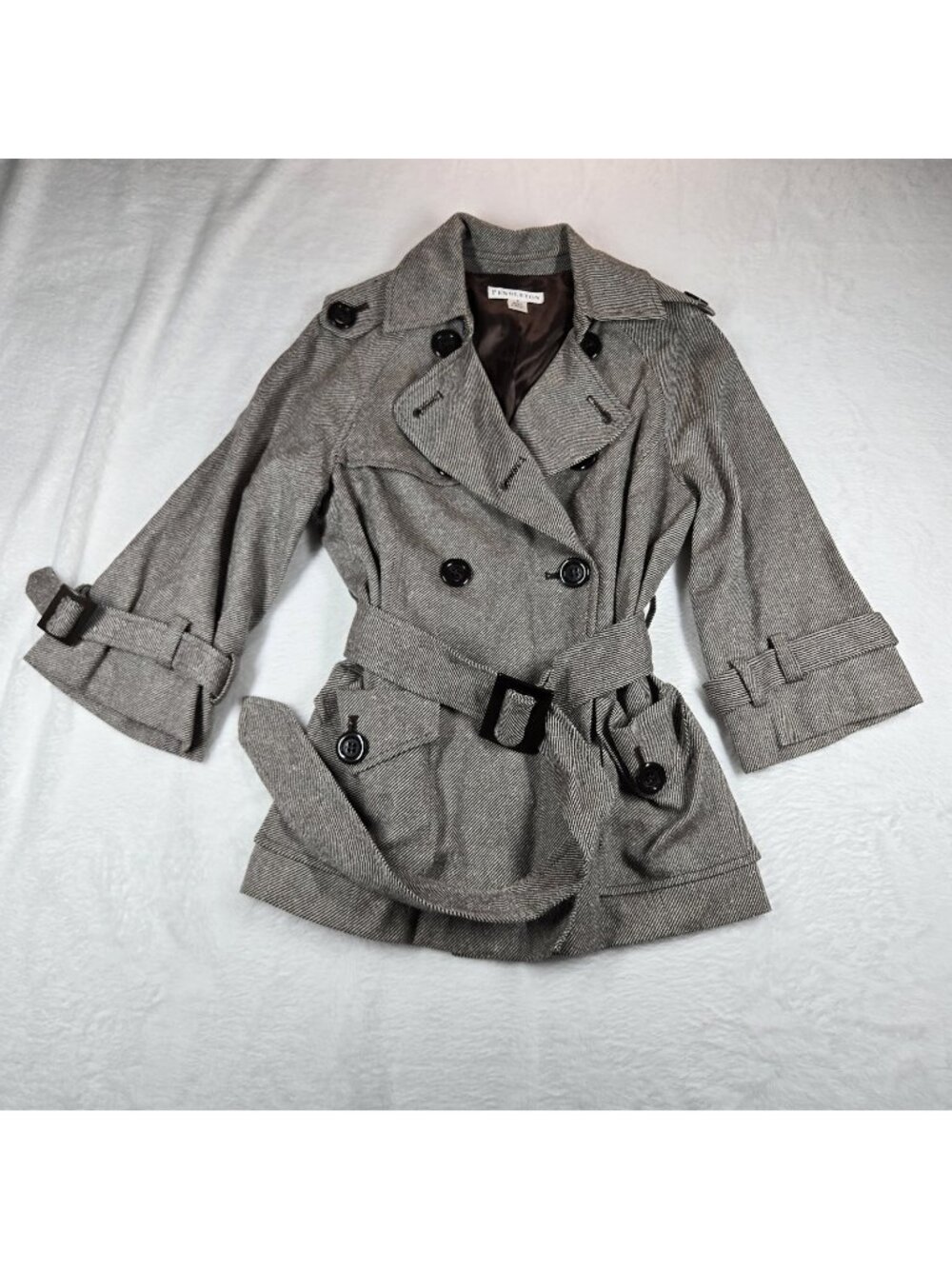 Pendelton Herringbone Short Trench Coat Gray Cream Women's Size 4
